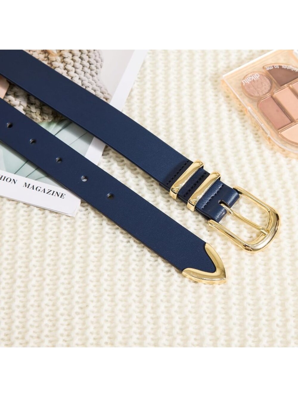 Women's Blue Leather Belt For Jeans Dresses Pants Fashion With Gold Buckle - Picture 3 of 7
